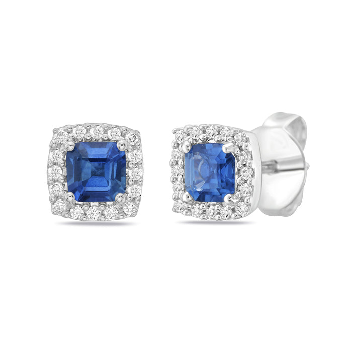 Cushion Cut Sapphire and Diamond Halo Stud Earrings