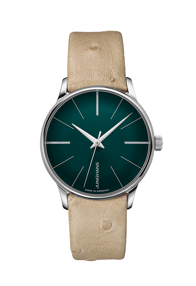Junghans watch with a beige strap and green dial
