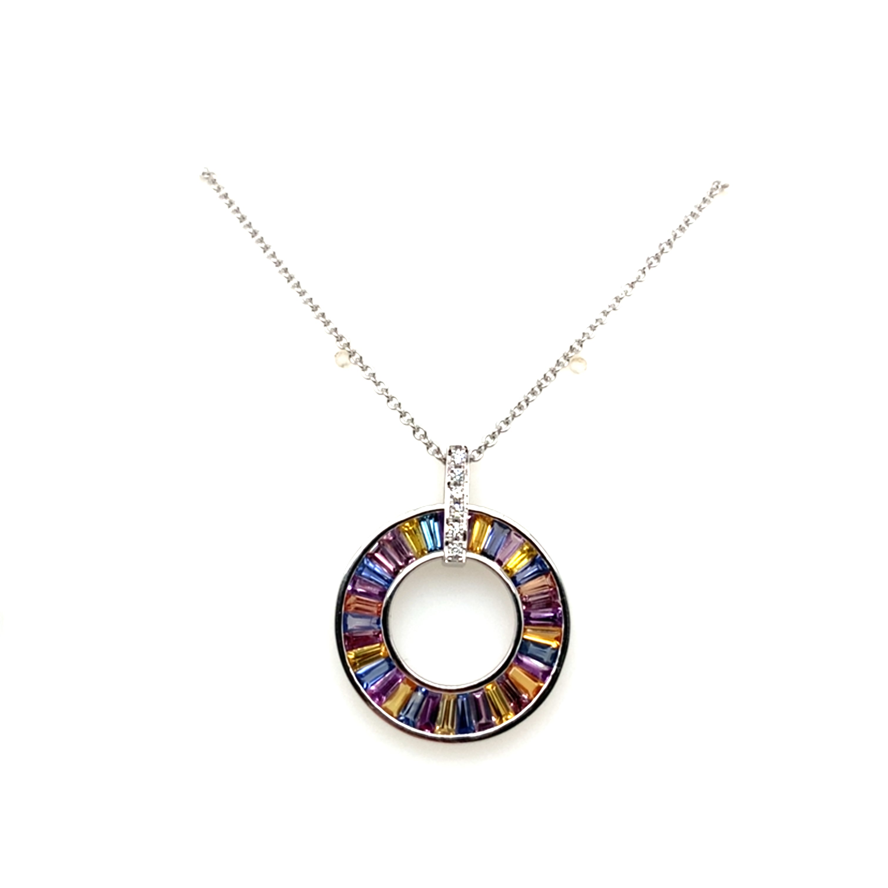 Multicolored Sapphire Baguette Circle Pendant Necklace