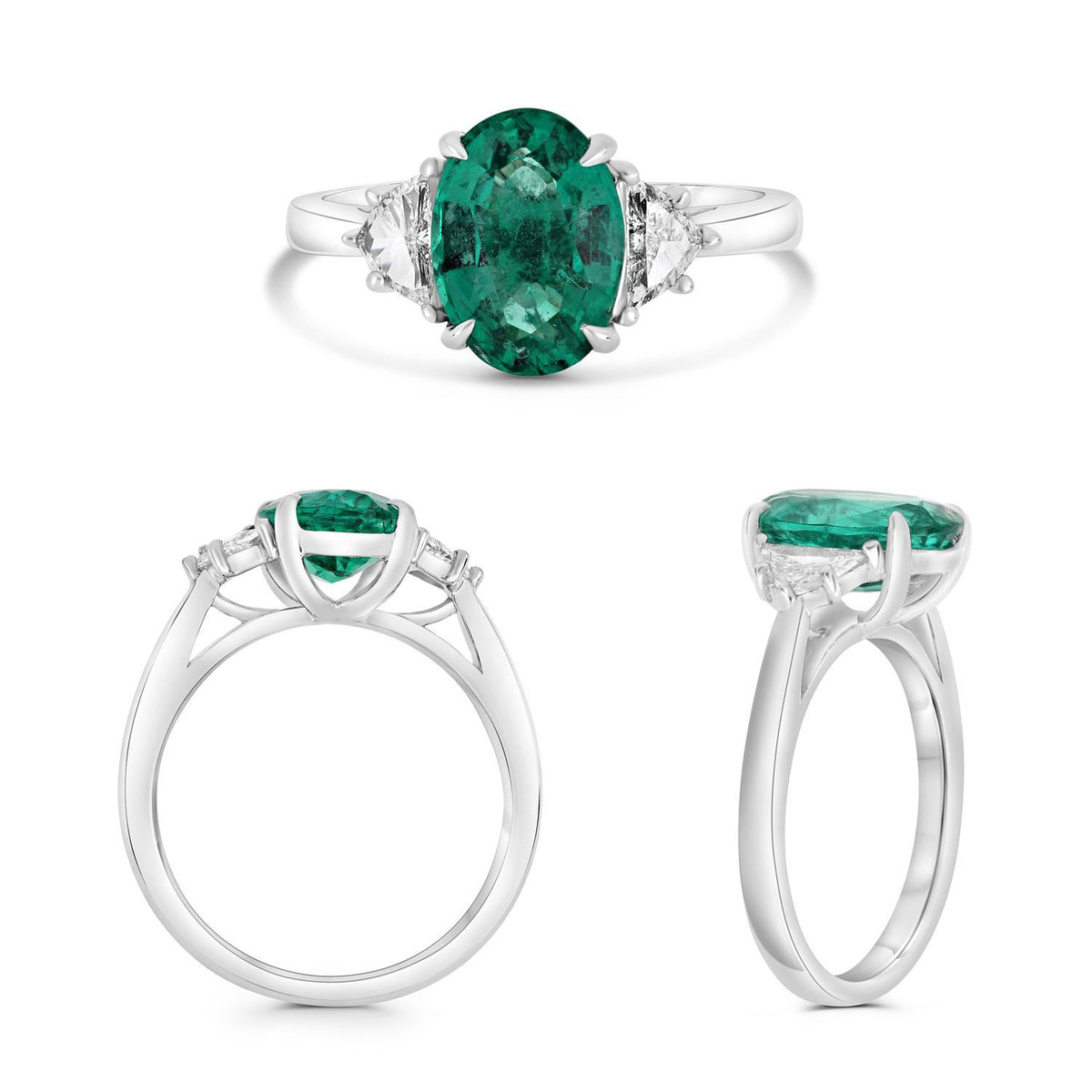 Oval Emerald and Trillion Diamond Three Stone Ring