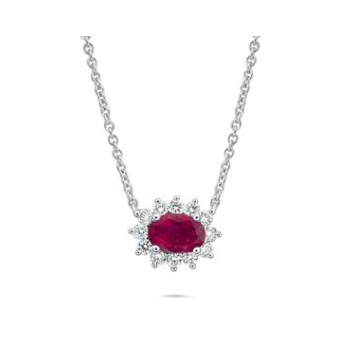 Oval Ruby and Diamond Halo Pendant Necklace
