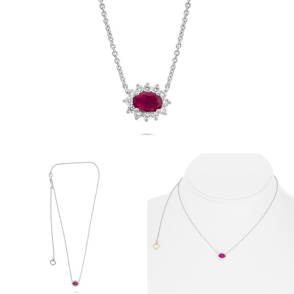 Oval Ruby and Diamond Halo Pendant Necklace