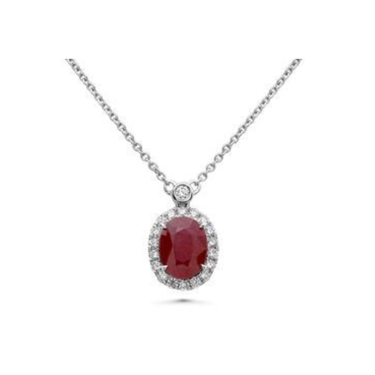 Oval Ruby and Diamond Halo Pendant Necklace