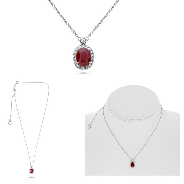 Oval Ruby and Diamond Halo Pendant Necklace