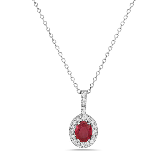 Oval Ruby and Diamond Halo Pendant Necklace