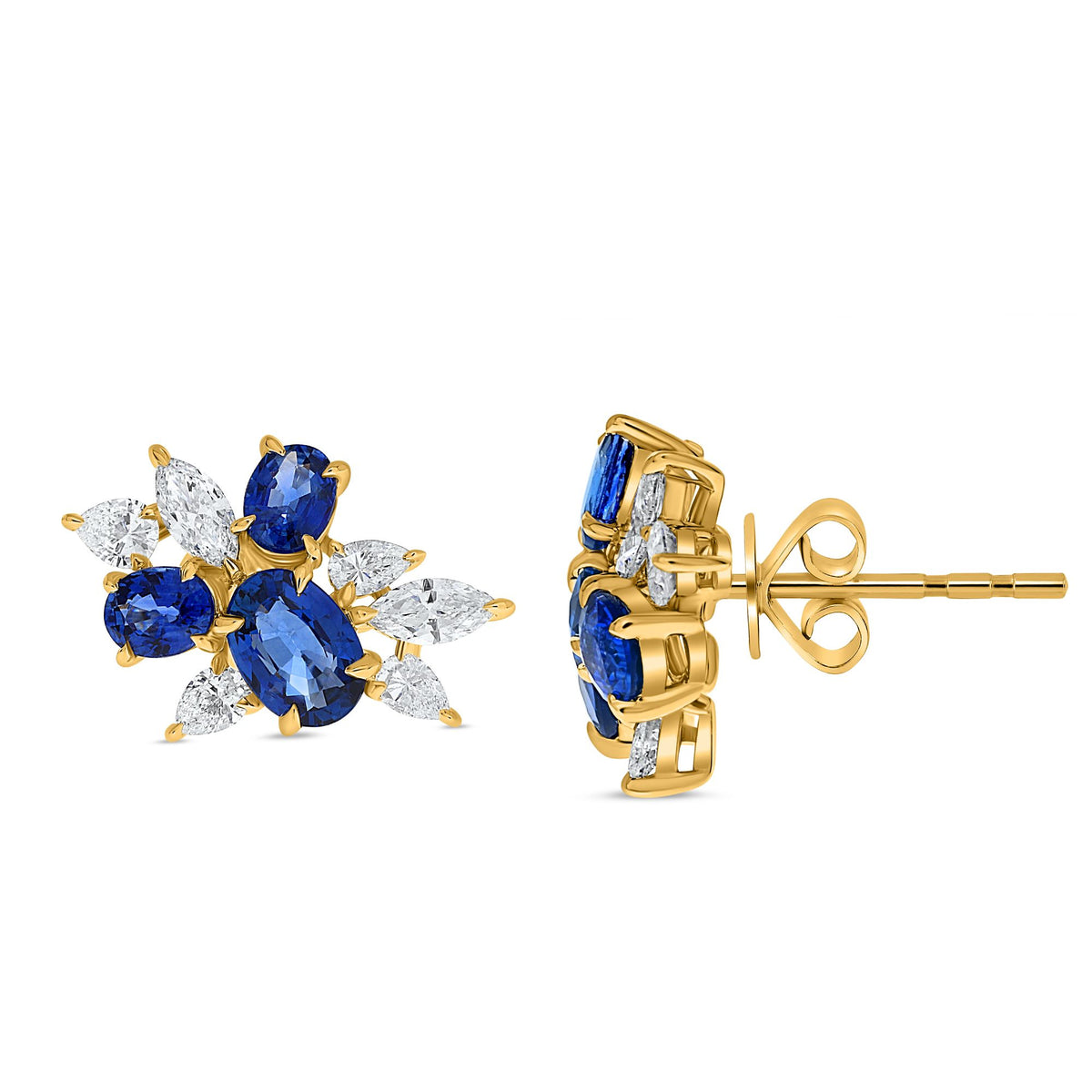 Oval Sapphire and Diamond Cluster Stud Earrings