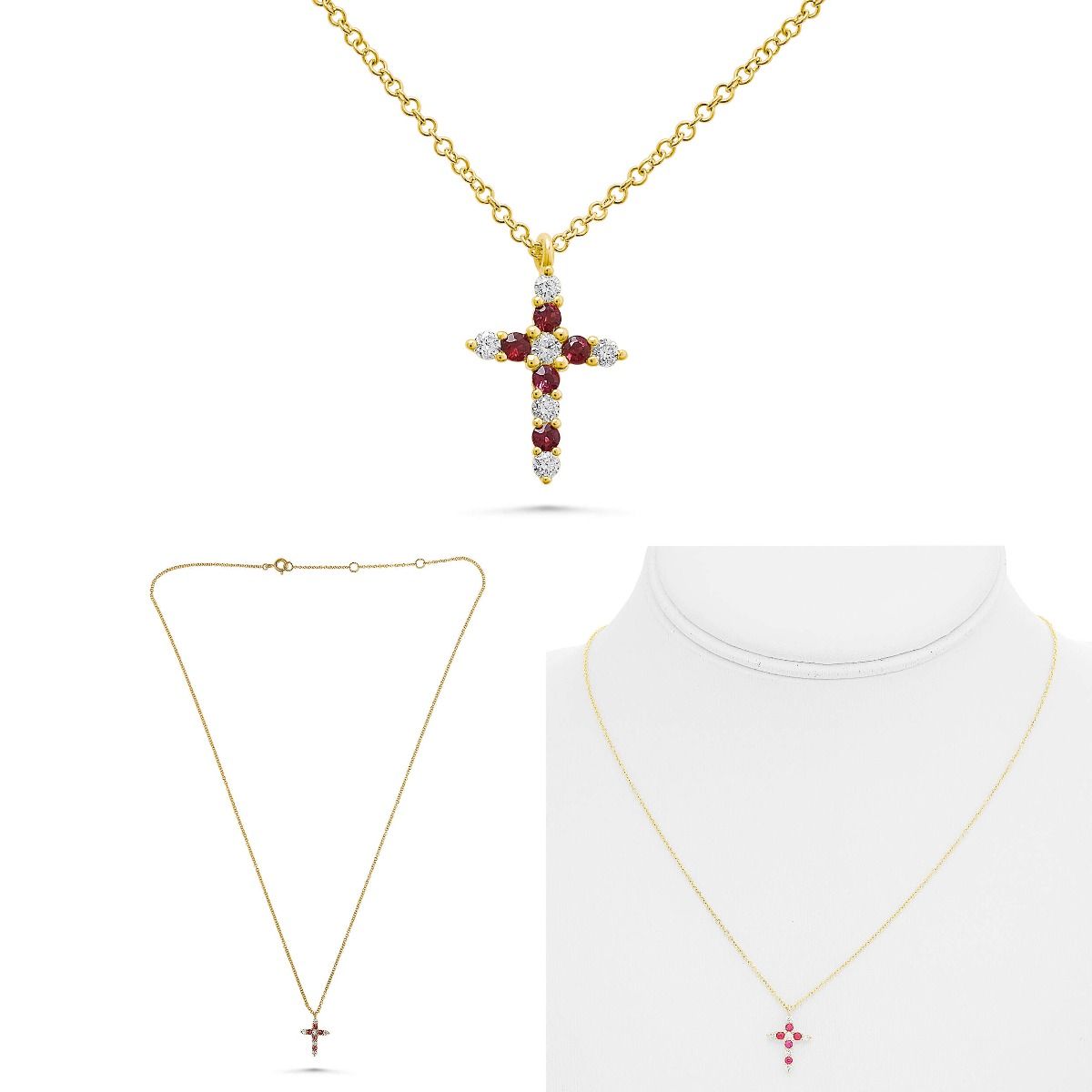 Ruby and Diamond Cross Pendant Necklace