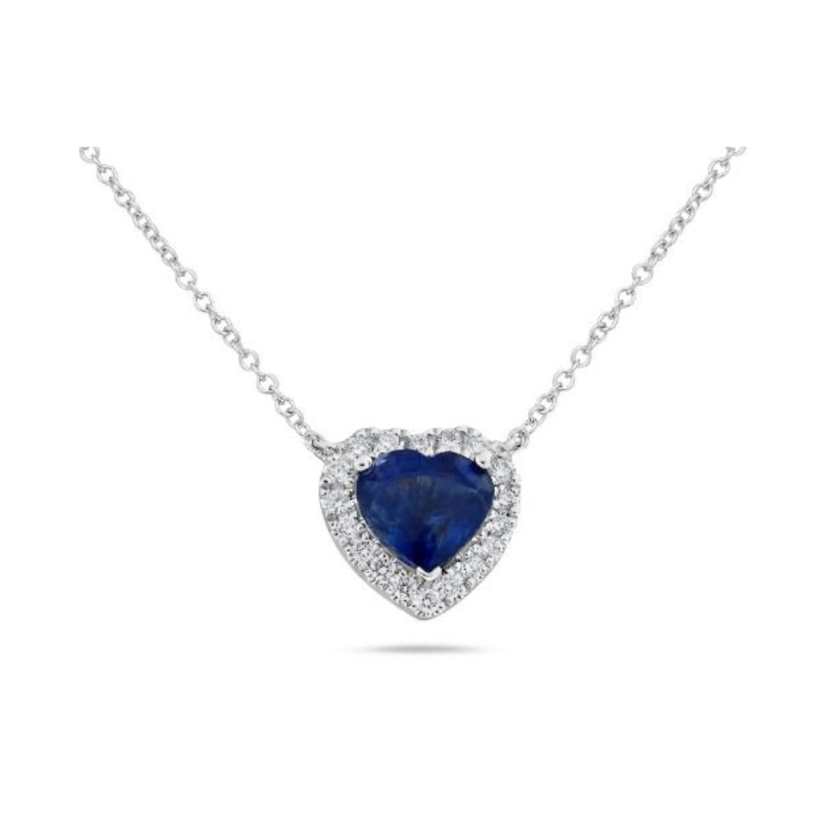 Sapphire Heart and Diamond Halo Pendant Necklace