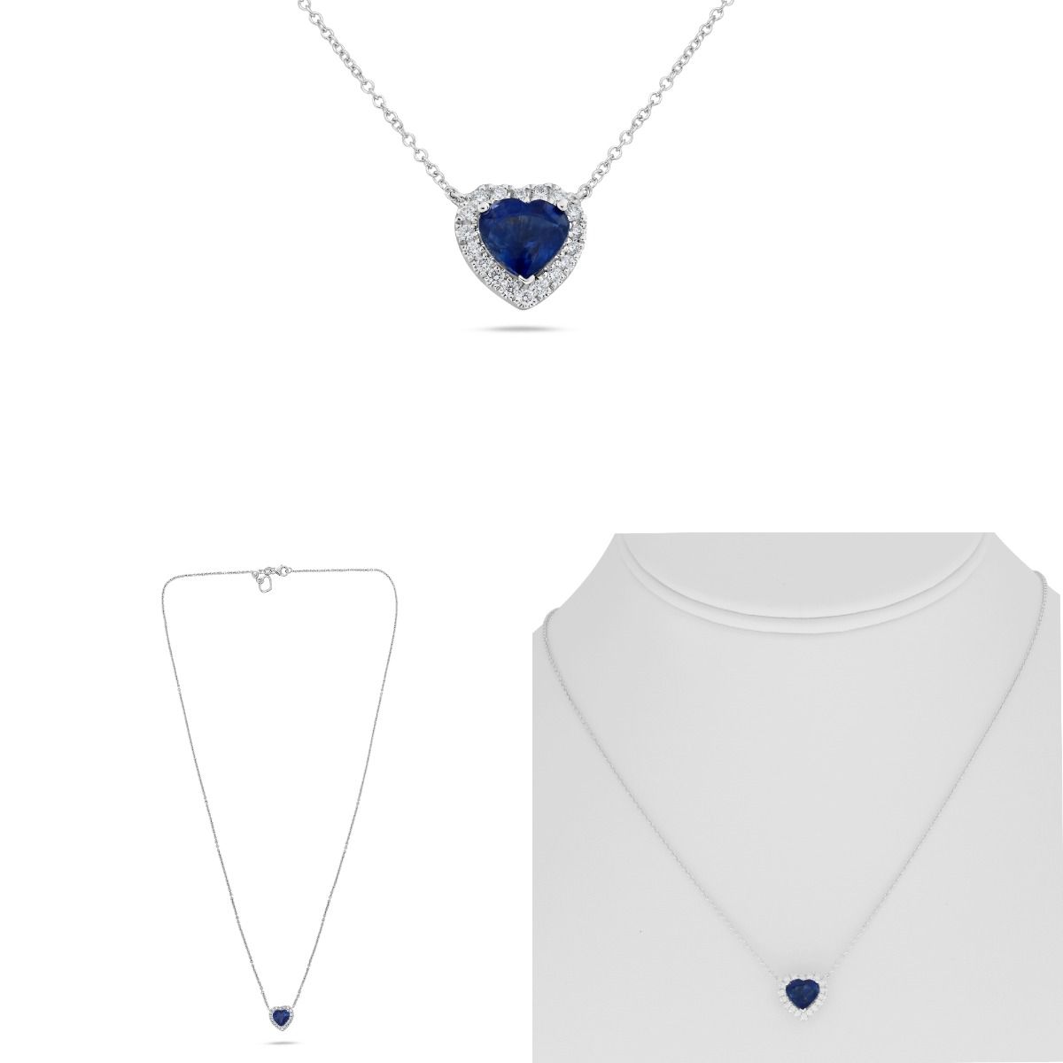 Sapphire Heart and Diamond Halo Pendant Necklace