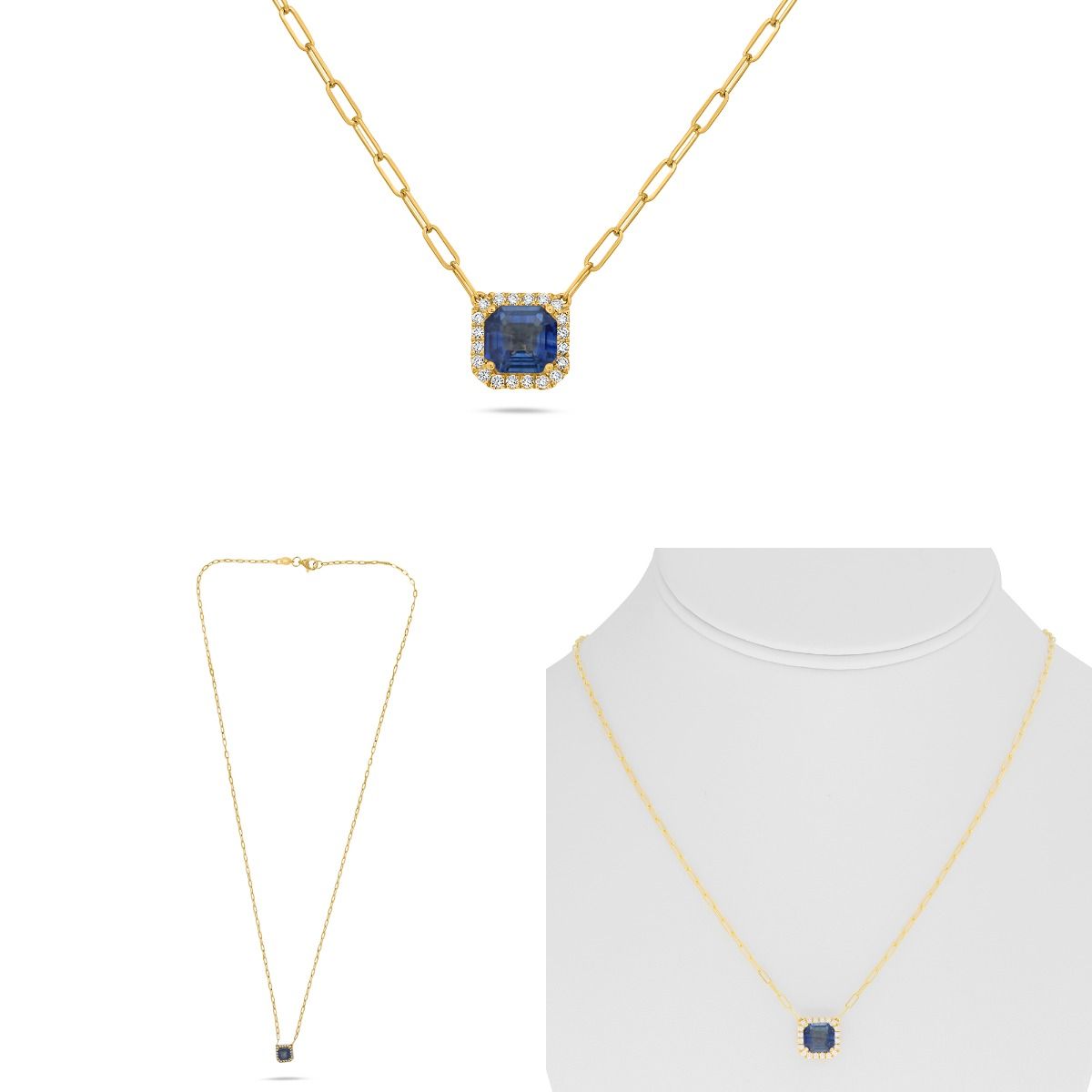 Sapphire and Diamond Halo Pendant Paperclip Necklace