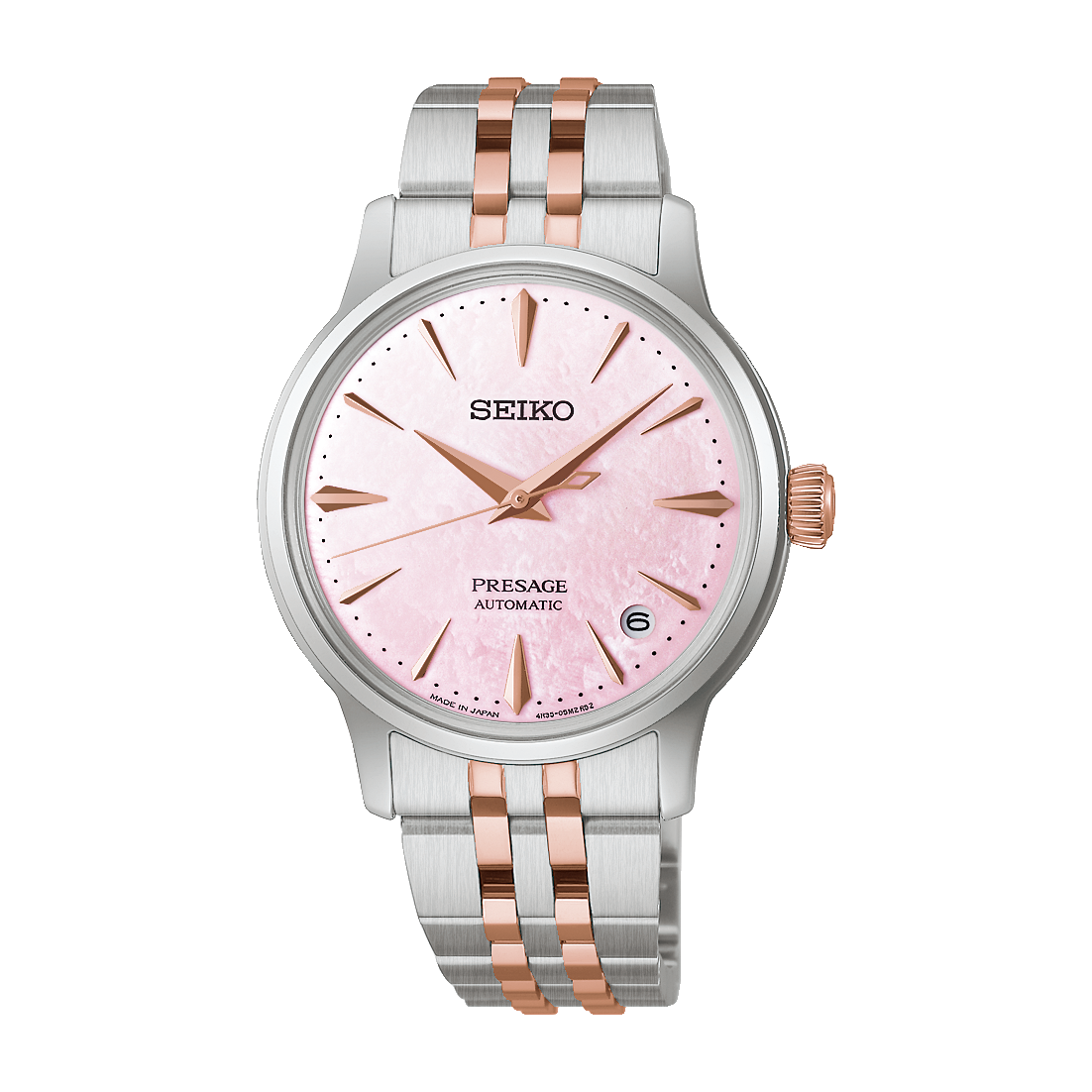 Seiko presage watch with a pink dial and automatic movement