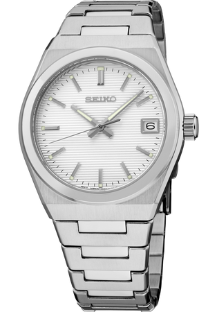 Seiko watch with a white dial and stainless steel bracelet