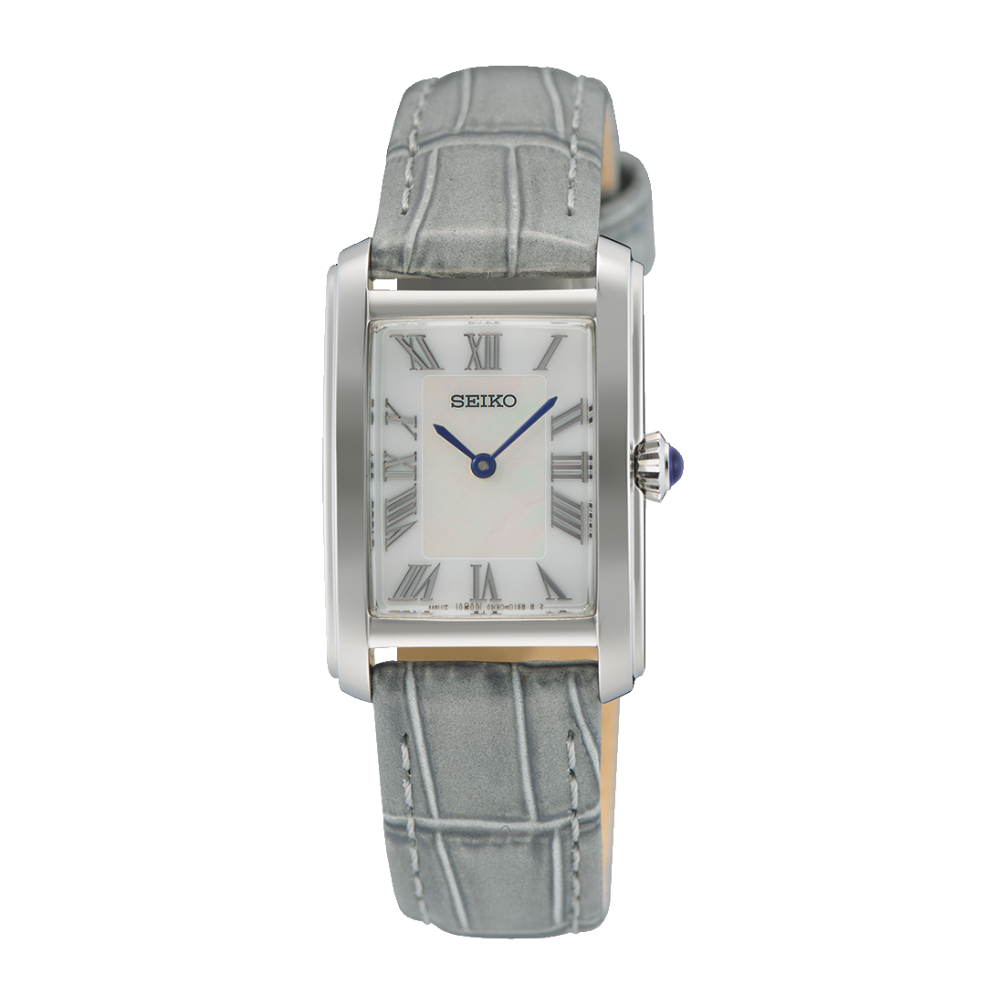 Seiko watch with a white mother of pearl dial and a grey alligator strap