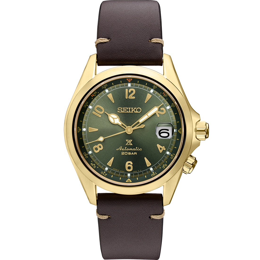 Seiko watch with a green dial, gold case, and brown strap