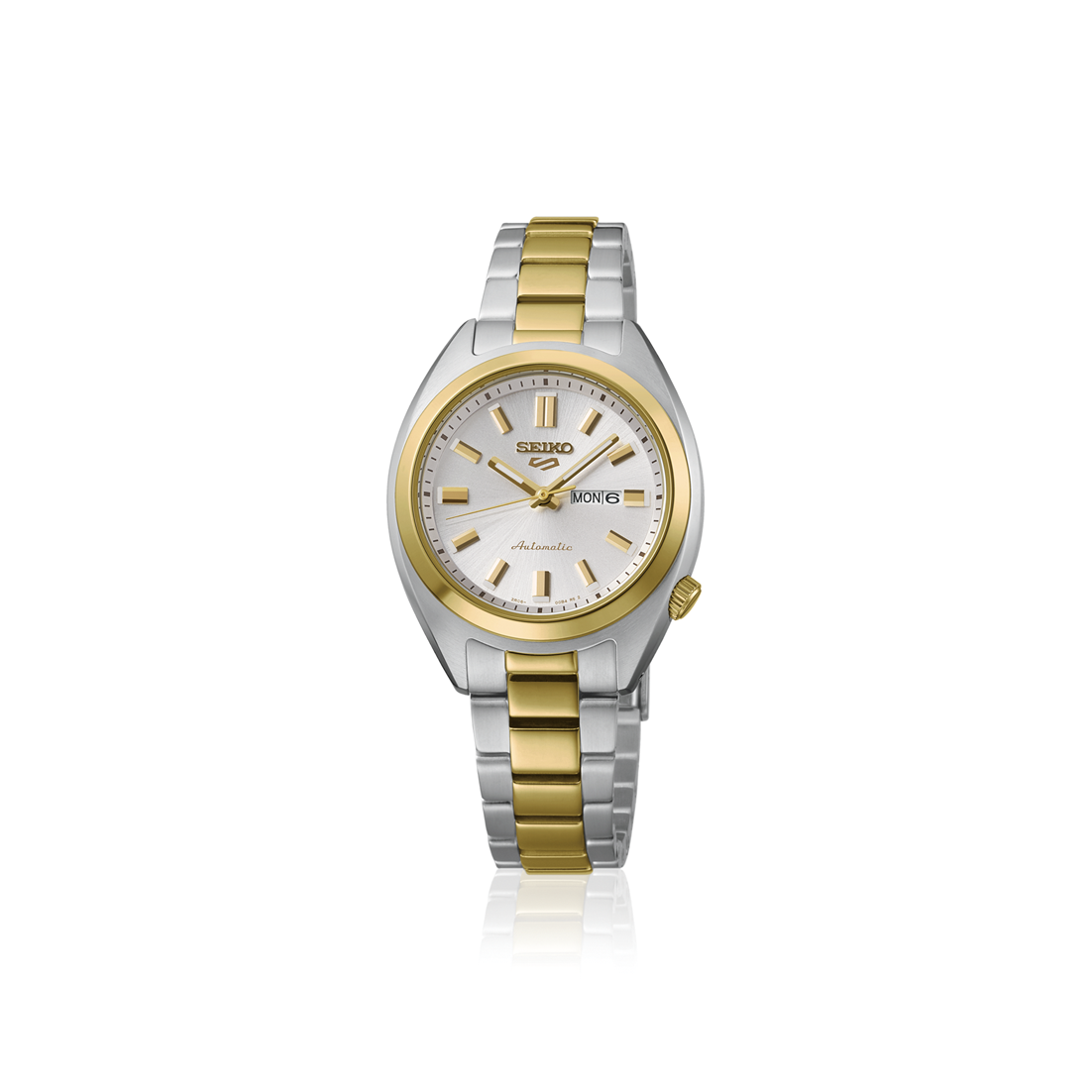 Two-tone Seiko watch with a silver dial and an automatic movement