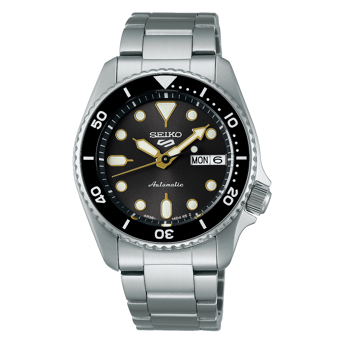 Seiko watch with a black dial and stainless steel bracelet