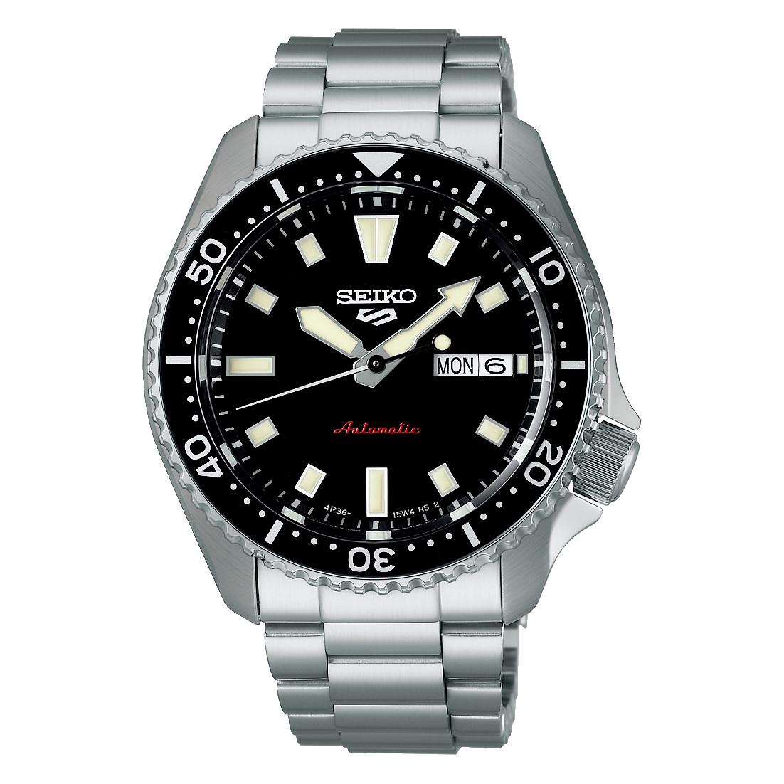 Seiko automatic watch with a black dial and stainless steel bracelet
