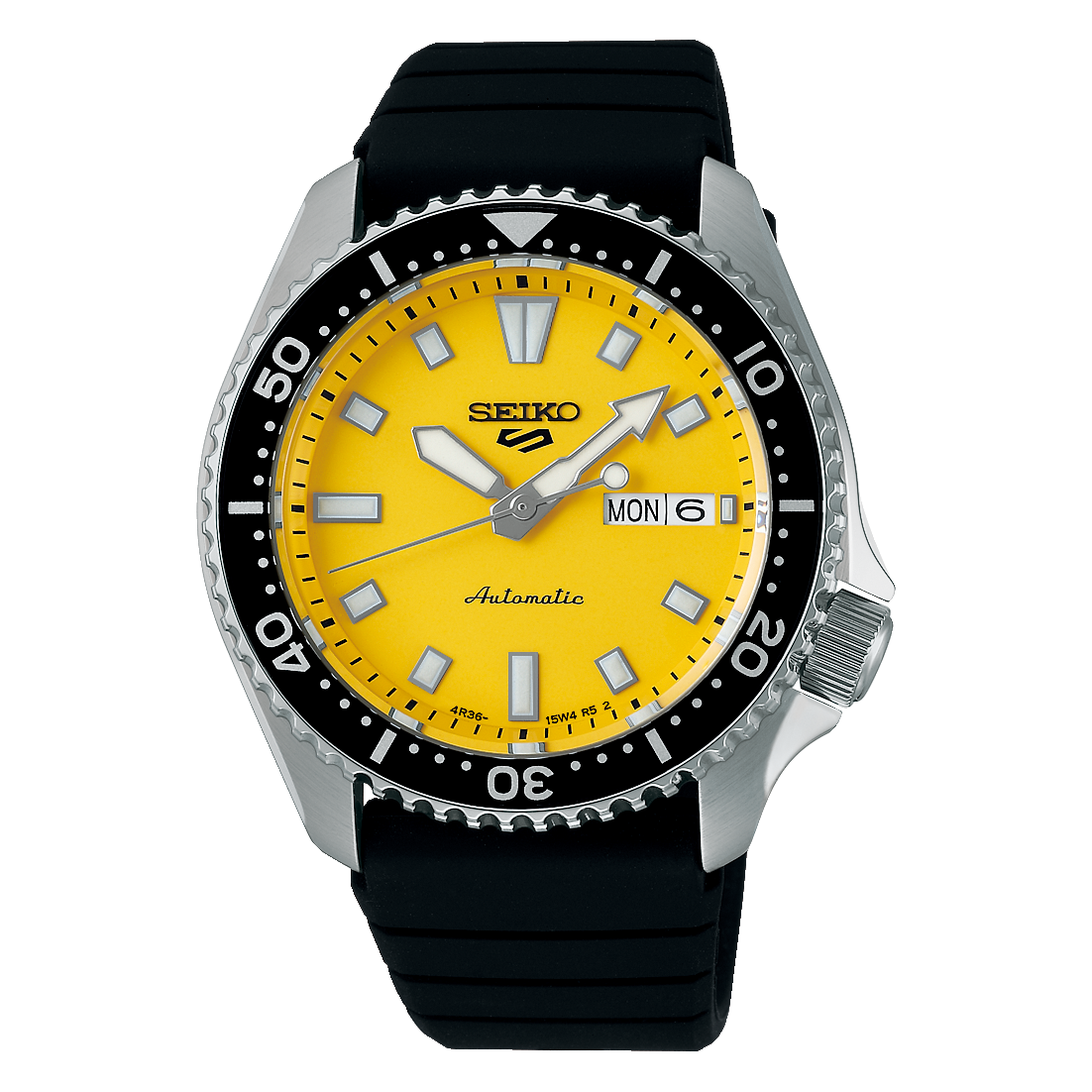 Seiko automatic watch with a yellow dial and black rubber strap