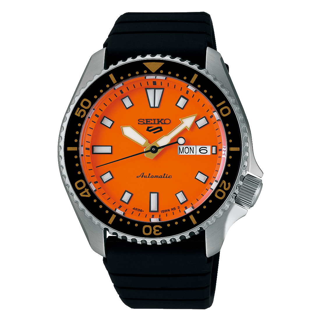 Seiko automatic watch with an orange dial and black rubber strap