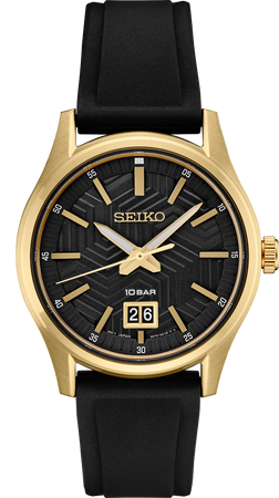 Seiko watch with a black dial and black rubber strap