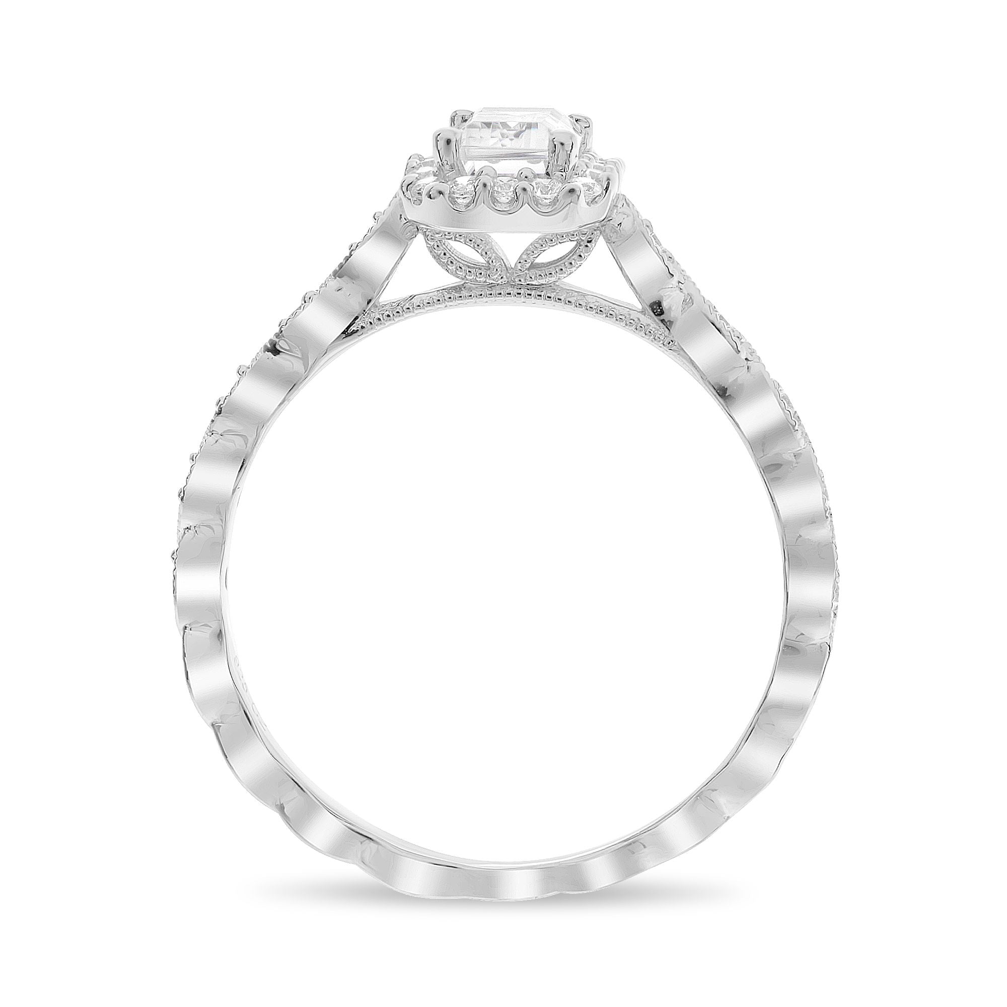 Emerald Cut Halo Engagement Ring Setting with Detailed Shank