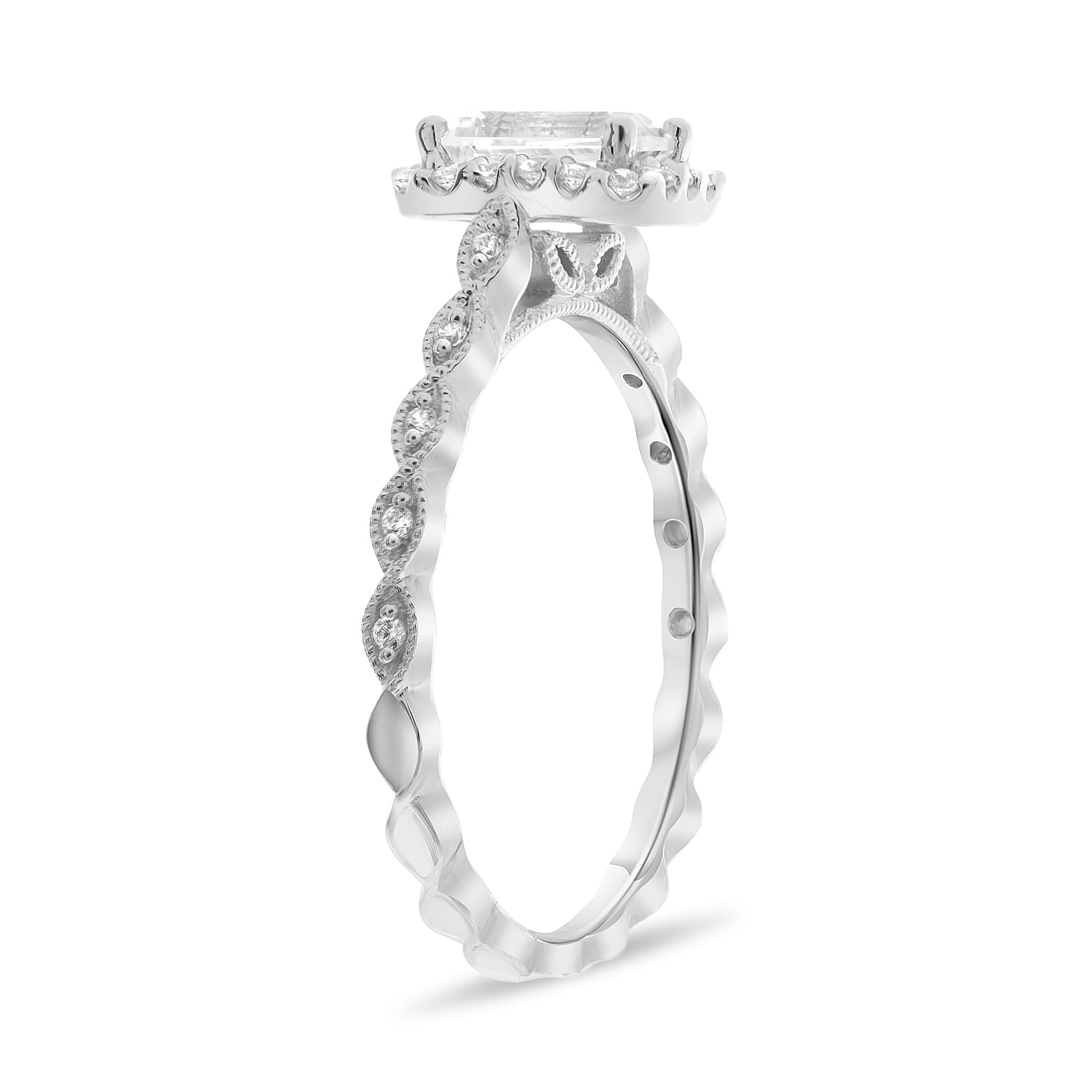 Emerald Cut Halo Engagement Ring Setting with Detailed Shank