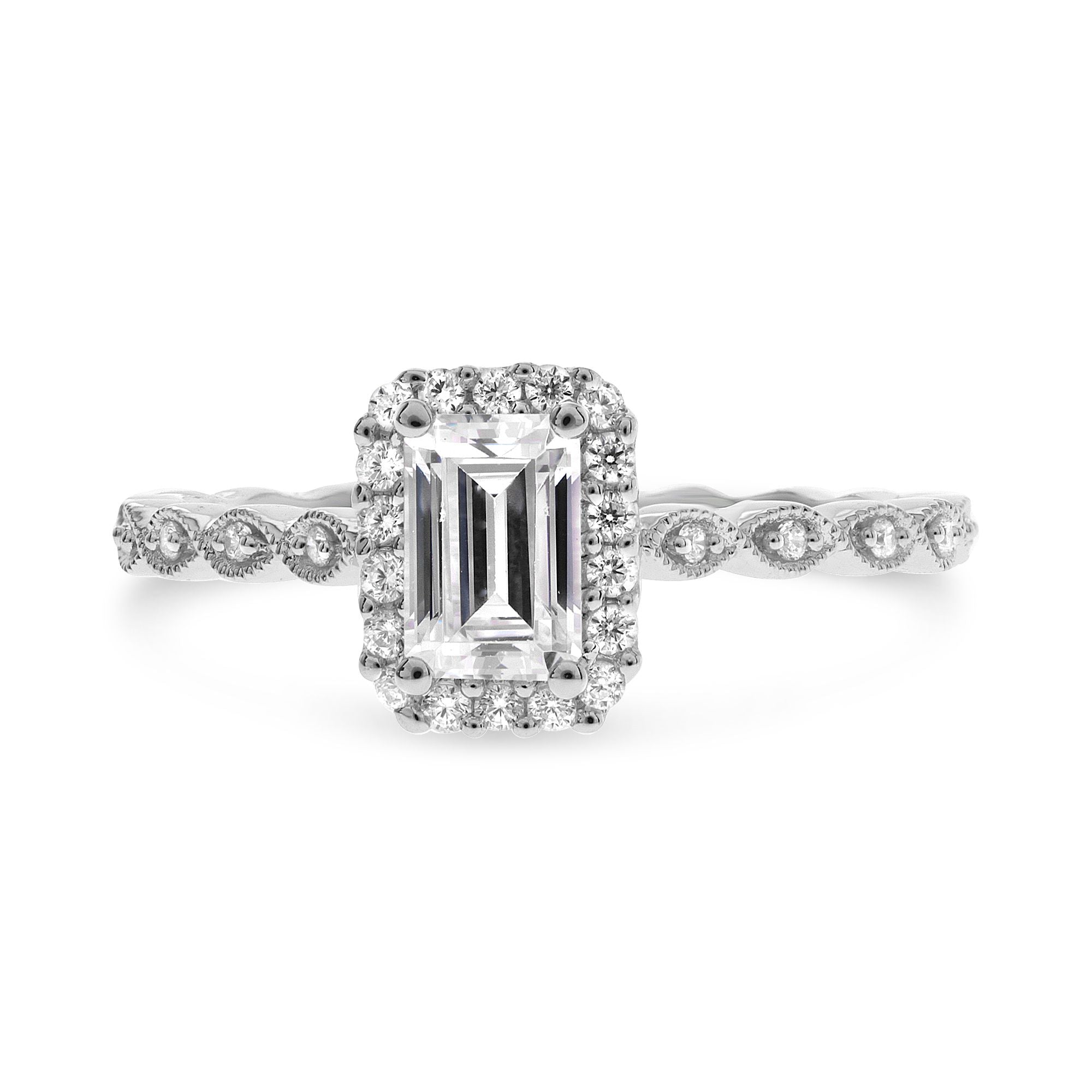 Emerald Cut Halo Engagement Ring Setting with Detailed Shank