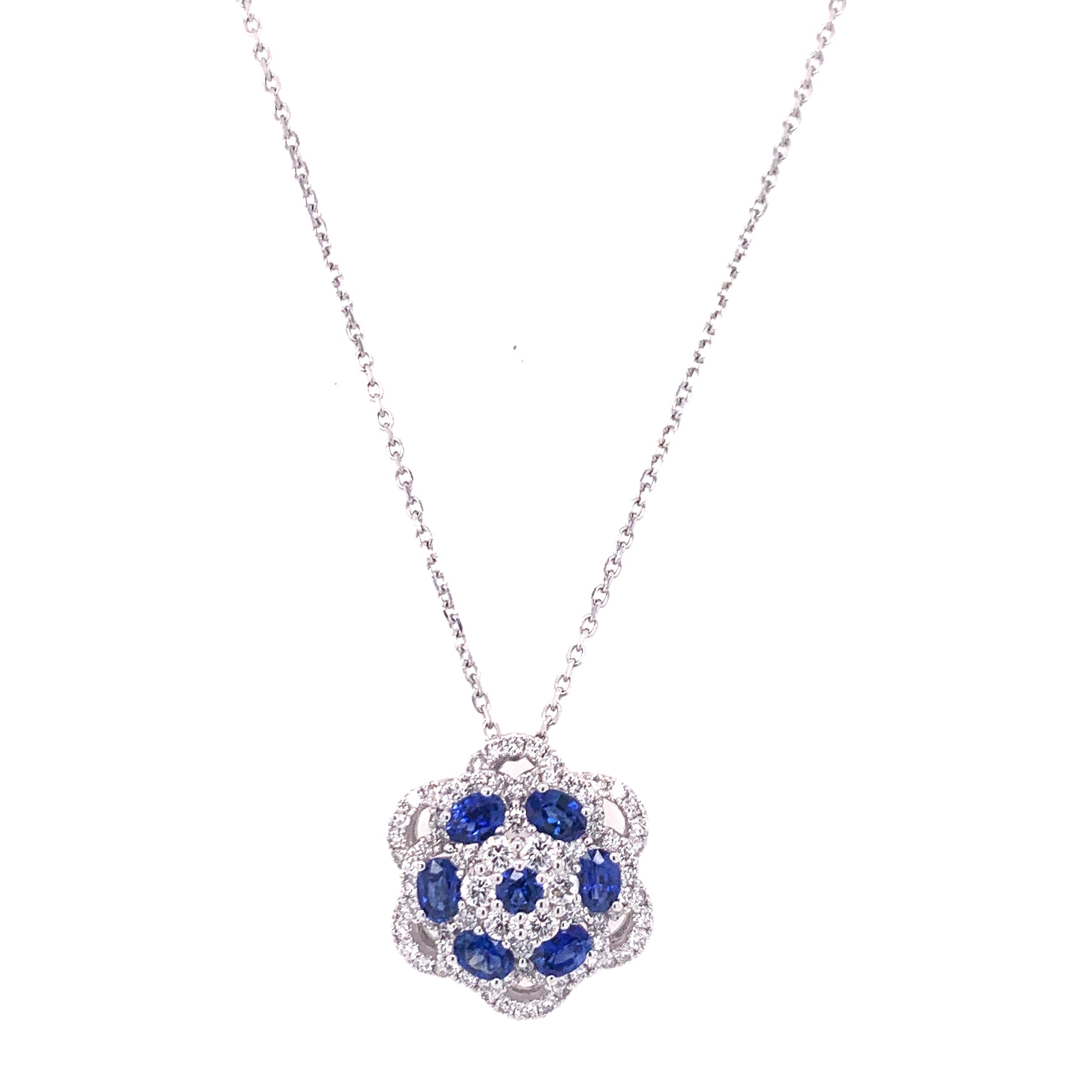 Flower Blue Sapphire Pendant, White Gold Chain