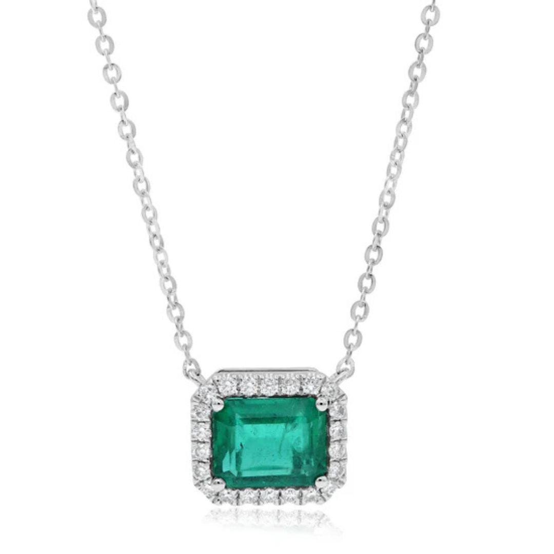 Emerald Diamond Halo Pendant Necklace