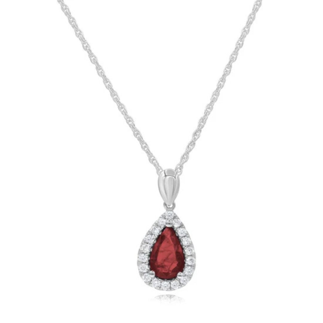 Pear Shaped Ruby and Diamond Halo Pendant Necklace