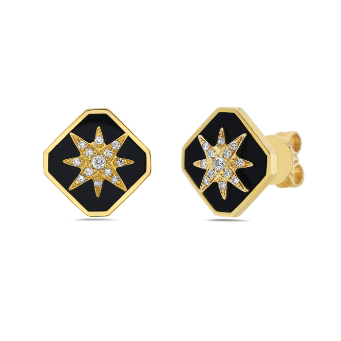 Onyx and Diamond Star Burst Stud Earrings