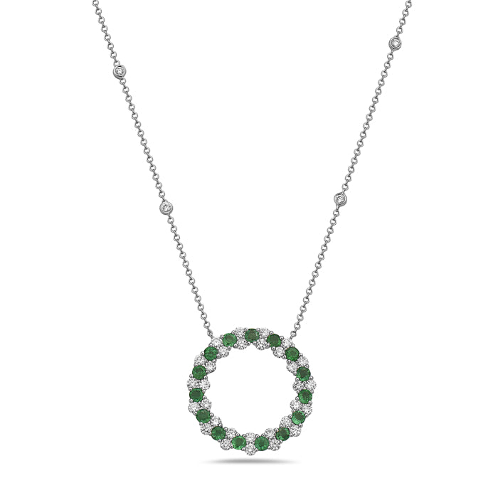 Emerald and Diamond Circle Pendant Necklace