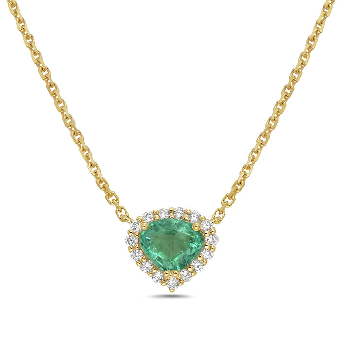 Fancy Trillion Cut Emerald and Diamond Halo Pendant Necklace
