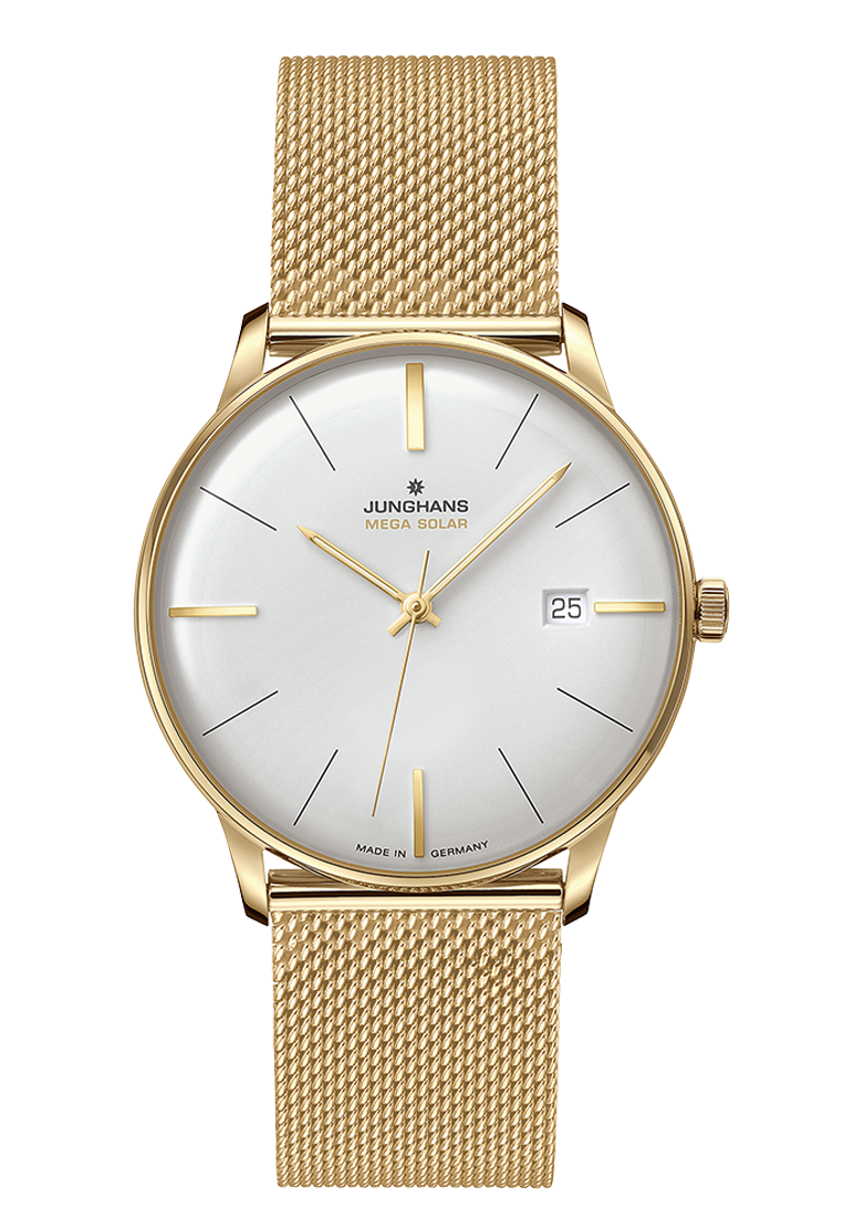 Junghans watch with a white dial and a gold mesh strap