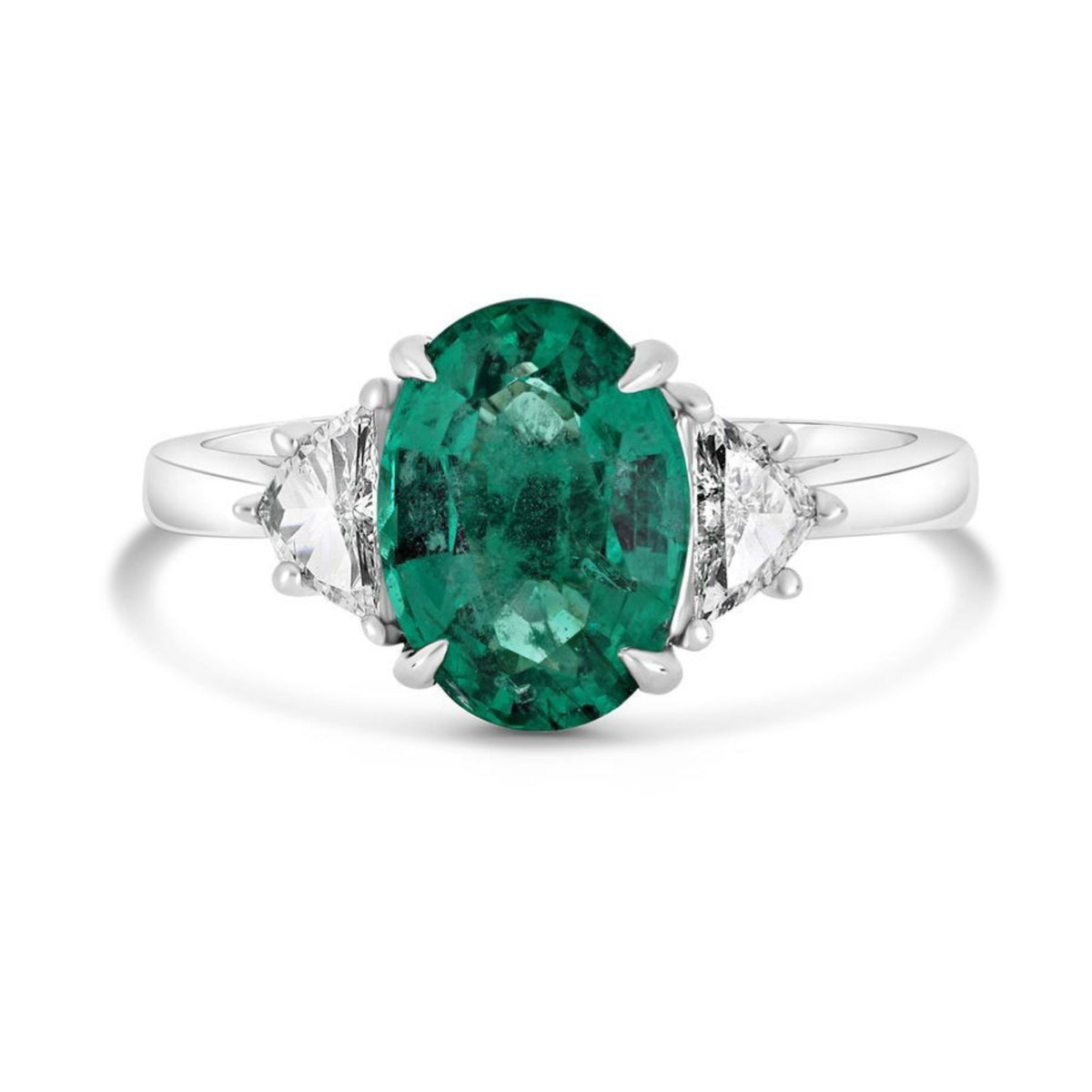 Oval Emerald and Trillion Diamond Three Stone Ring