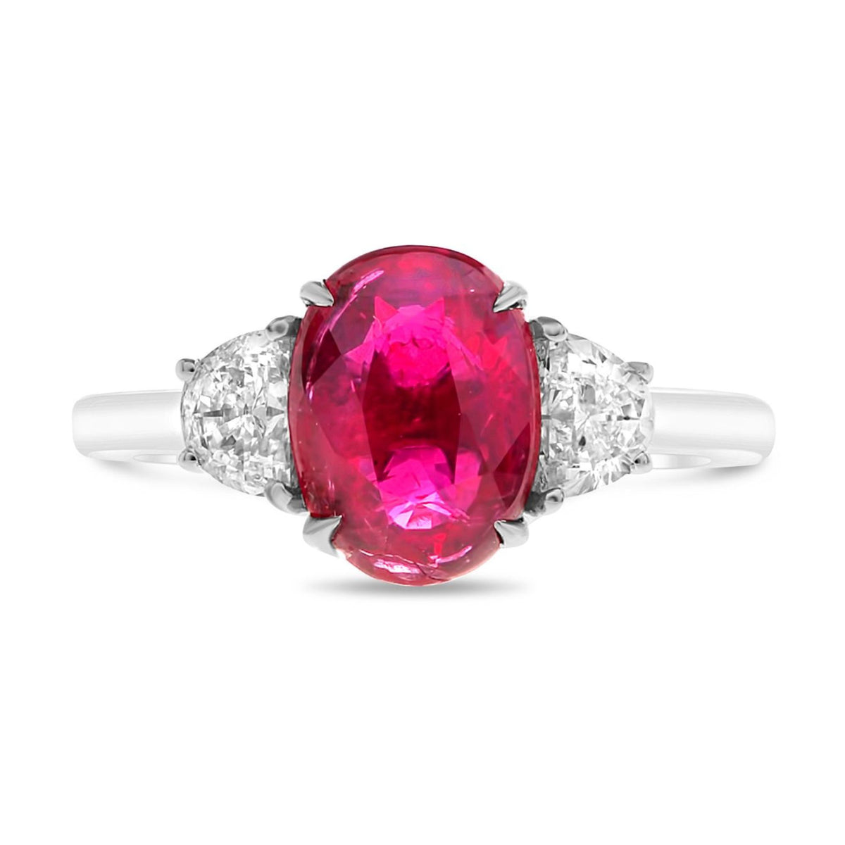 Oval Ruby and Half Moon Diamond Three Stone Ring