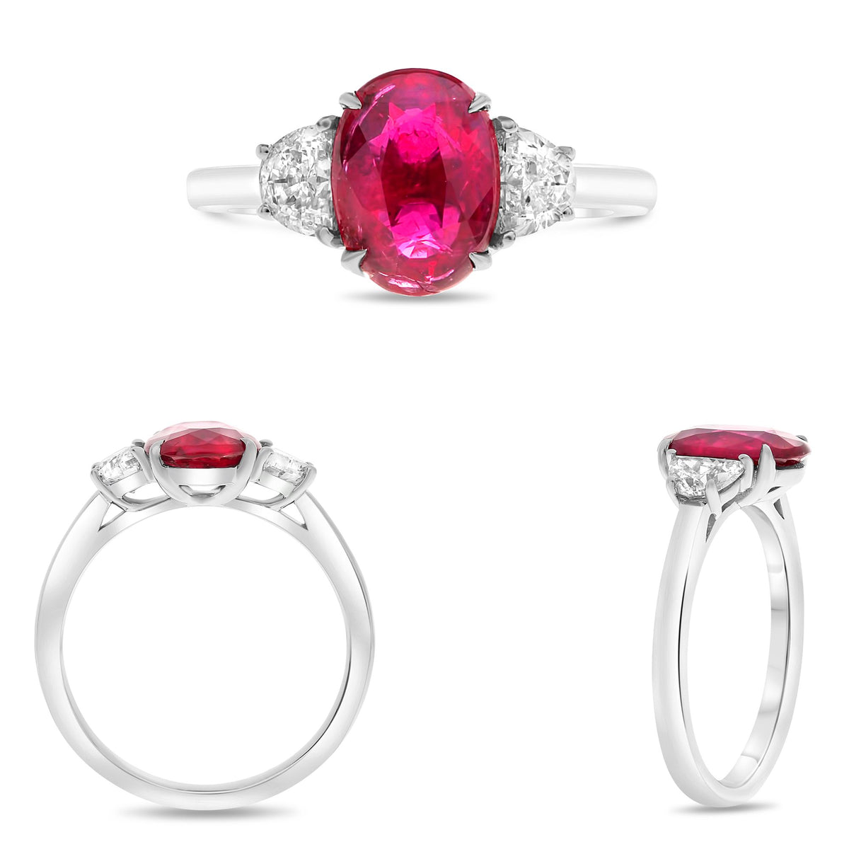 Oval Ruby and Half Moon Diamond Three Stone Ring