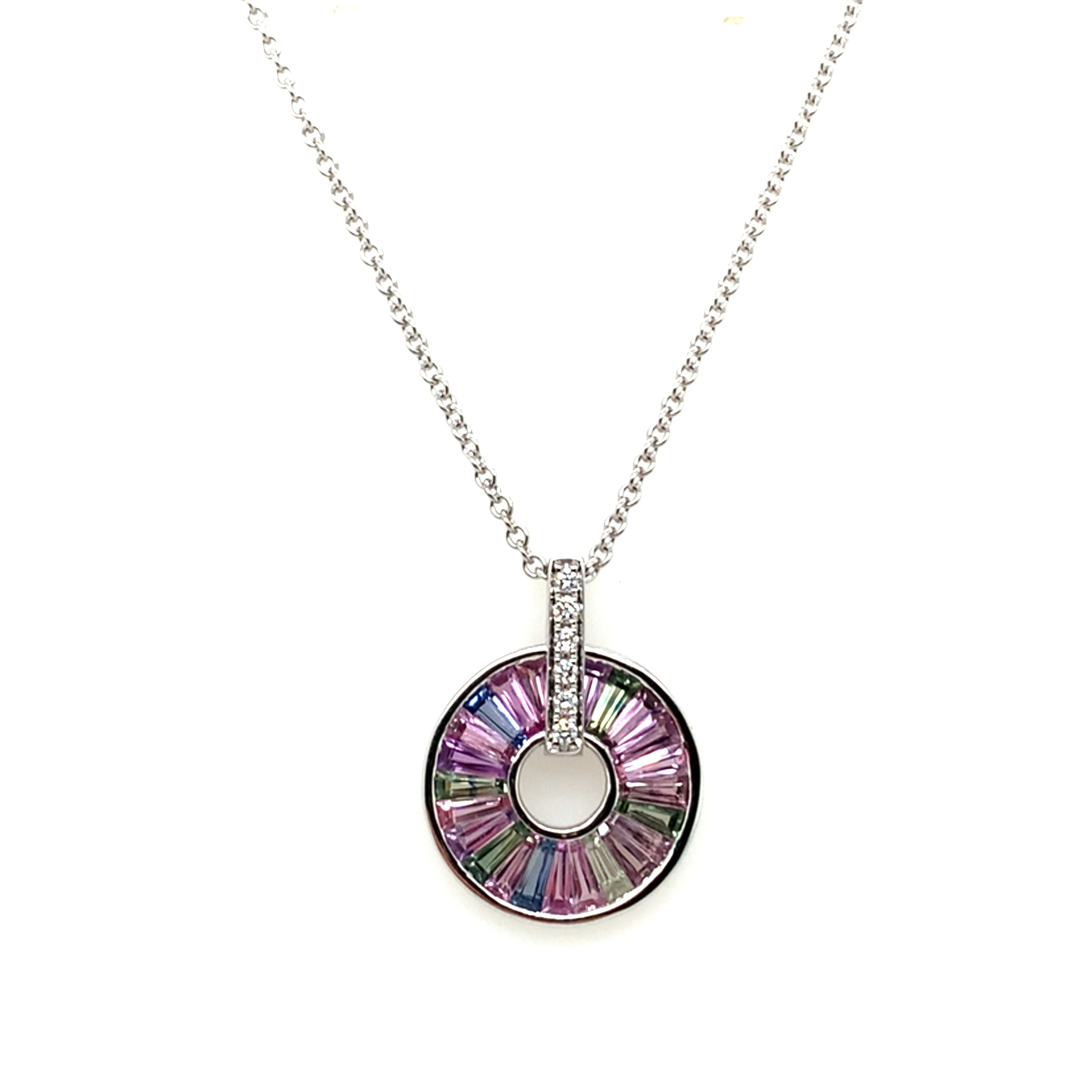 Pastel Multicolored Sapphire Baguette Circle Pendant Necklace