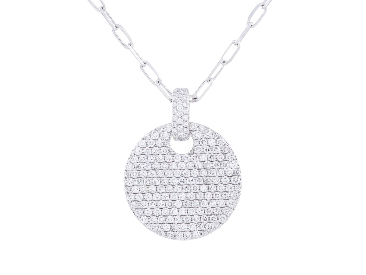 Pave Diamond Disc Pendant Paperclip Necklace