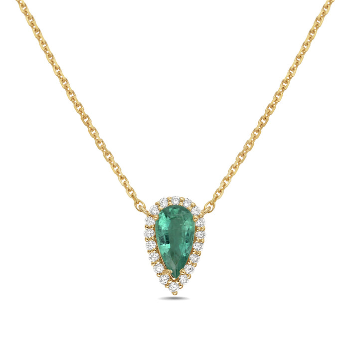 Pear-Shaped Emerald and Diamond Halo Pendant Necklace