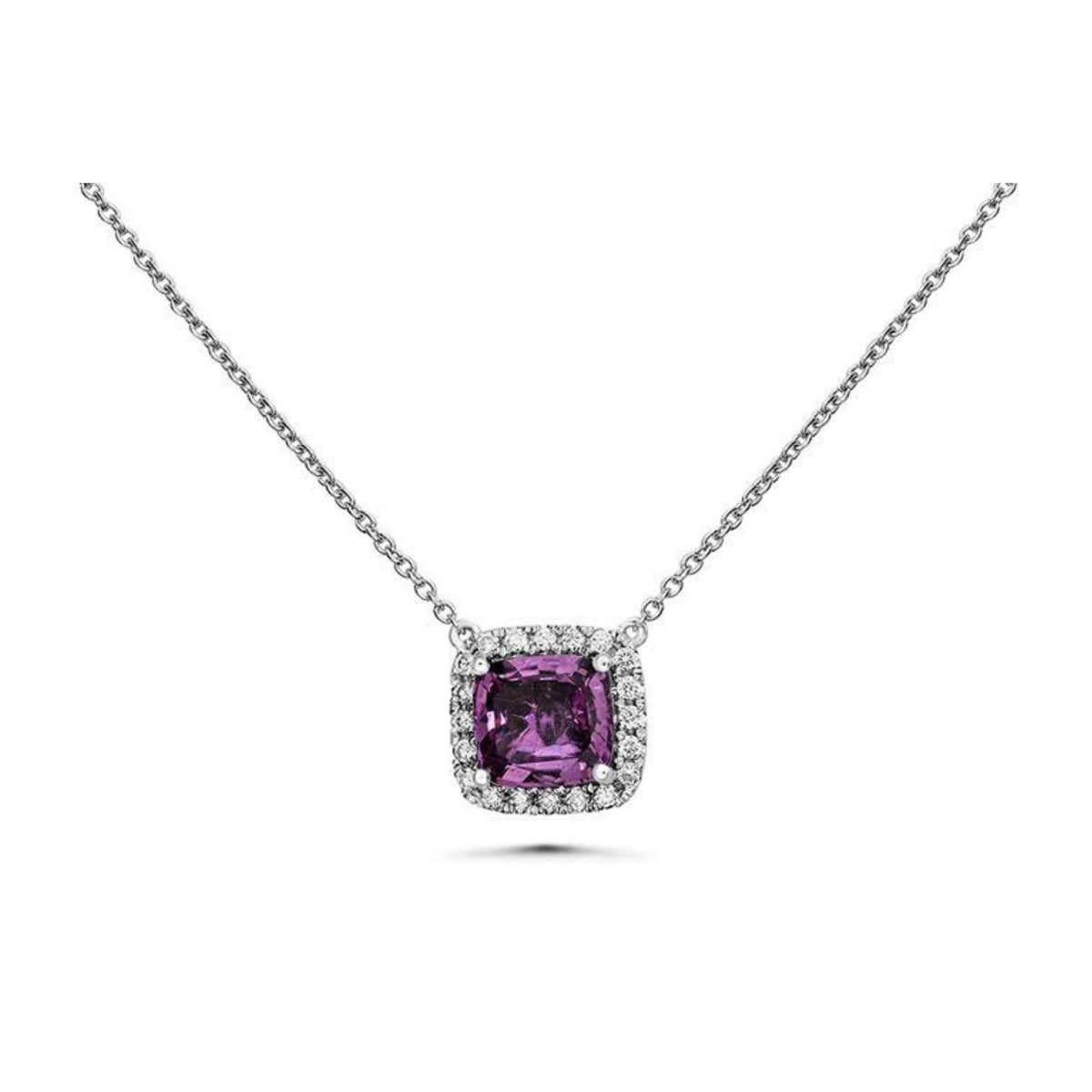 Purple Pink Sapphire and Diamond Halo Pendant Necklace