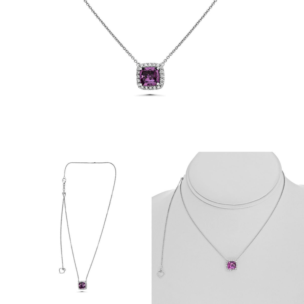 Purple Pink Sapphire and Diamond Halo Pendant Necklace