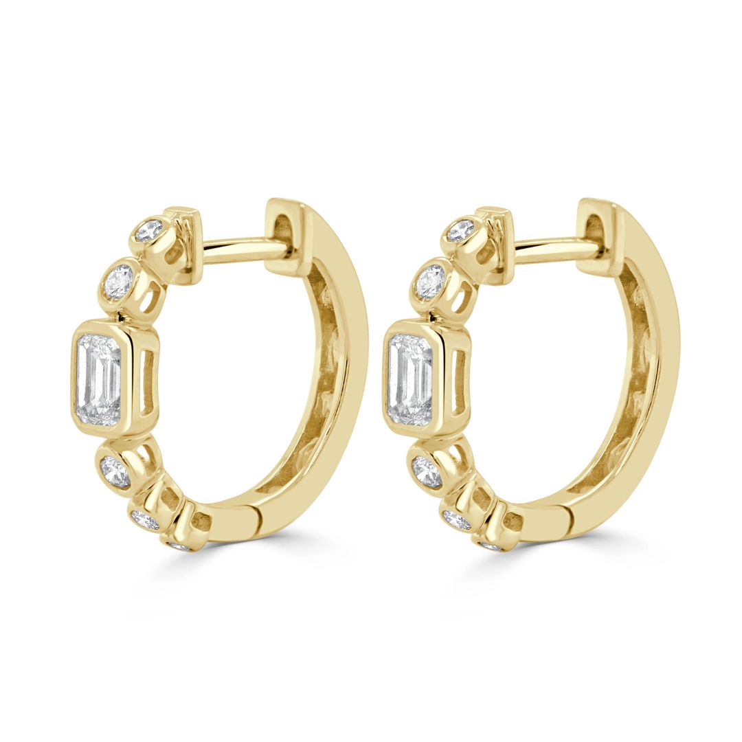 Round and Emerald Cut Diamond Hoop Earrings