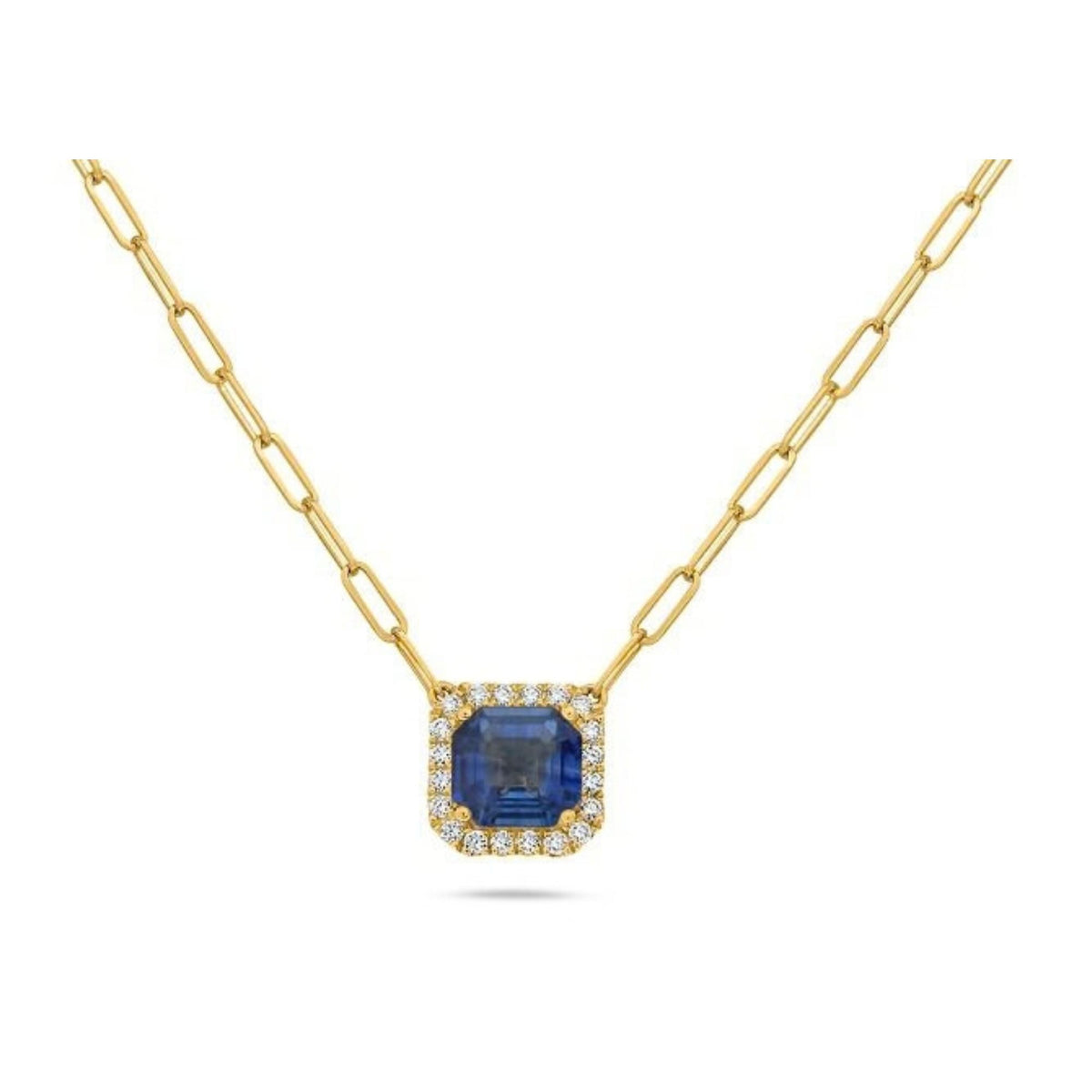 Sapphire and Diamond Halo Pendant Paperclip Necklace