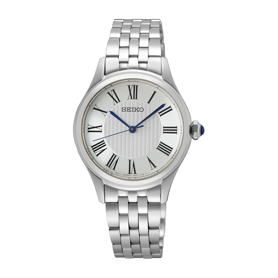 Seiko Essentials watch with a silver dial and a stainless steel bracelet
