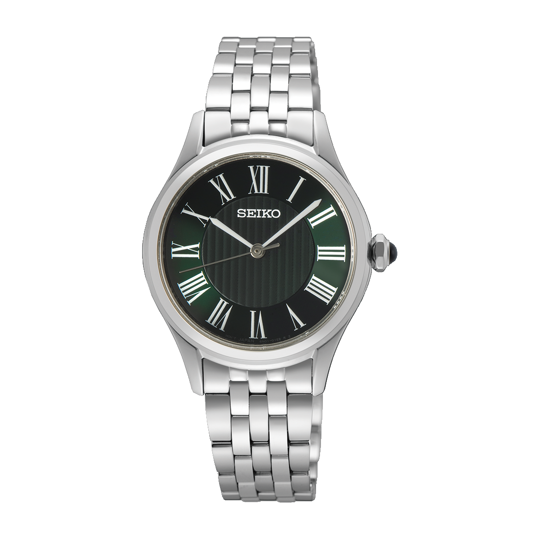 Seiko Essentials watch with a green dial and a stainless steel bracelet