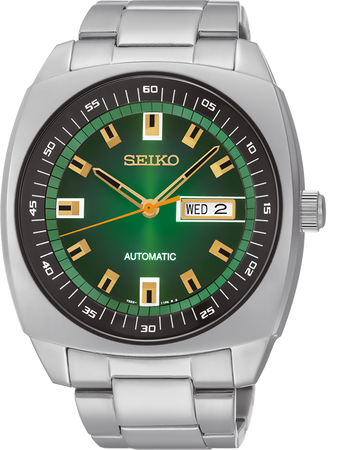 Seiko watch with a green dial and stainless steel bracelet