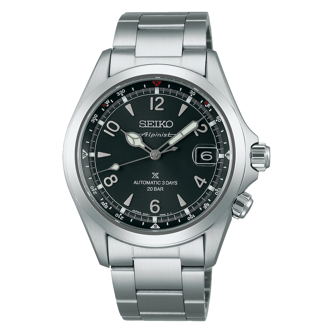 Seiko Alpinist watch with a black dial and stainless steel case and bracelet