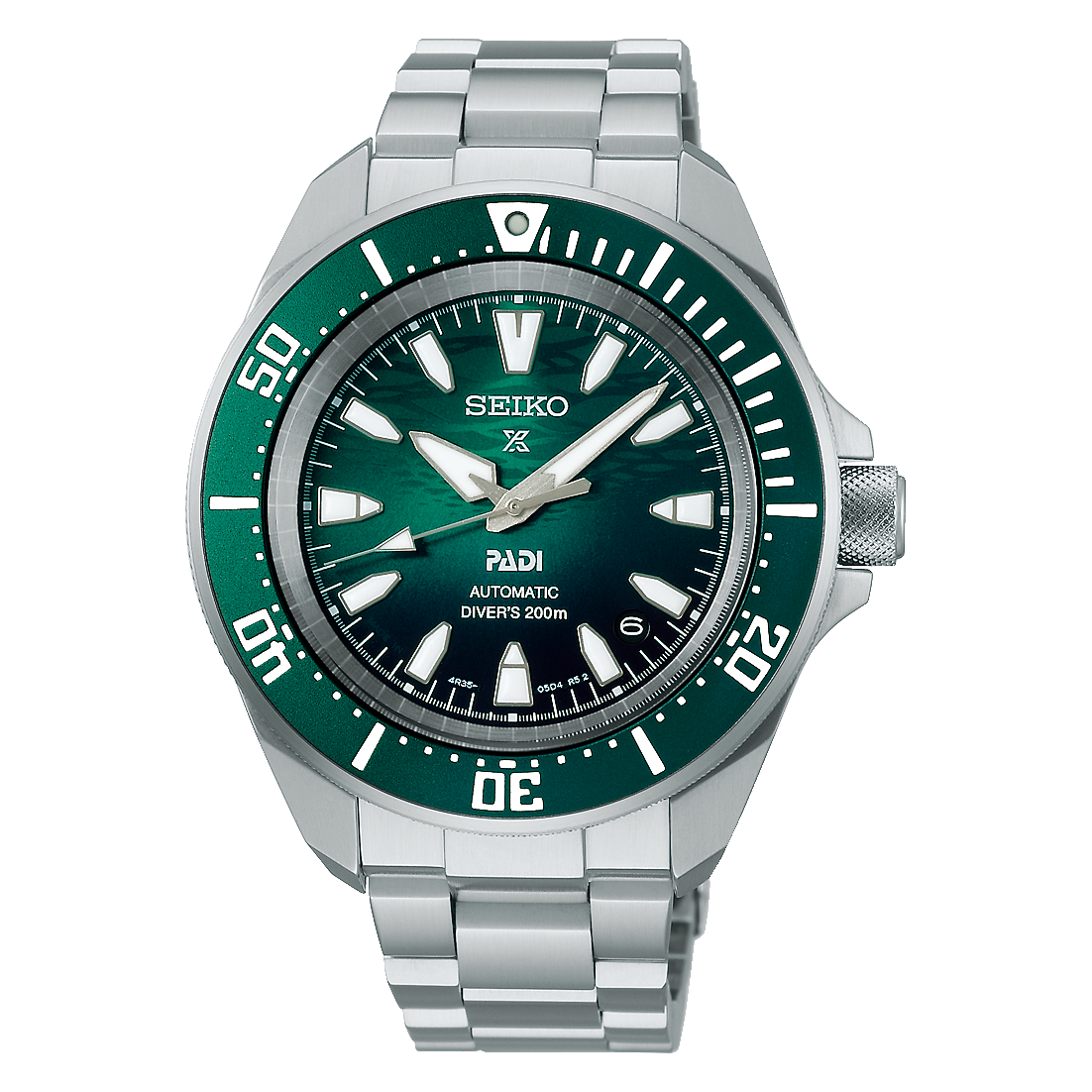 Seiko automatic watch with a green dial and stainless steel bracelet