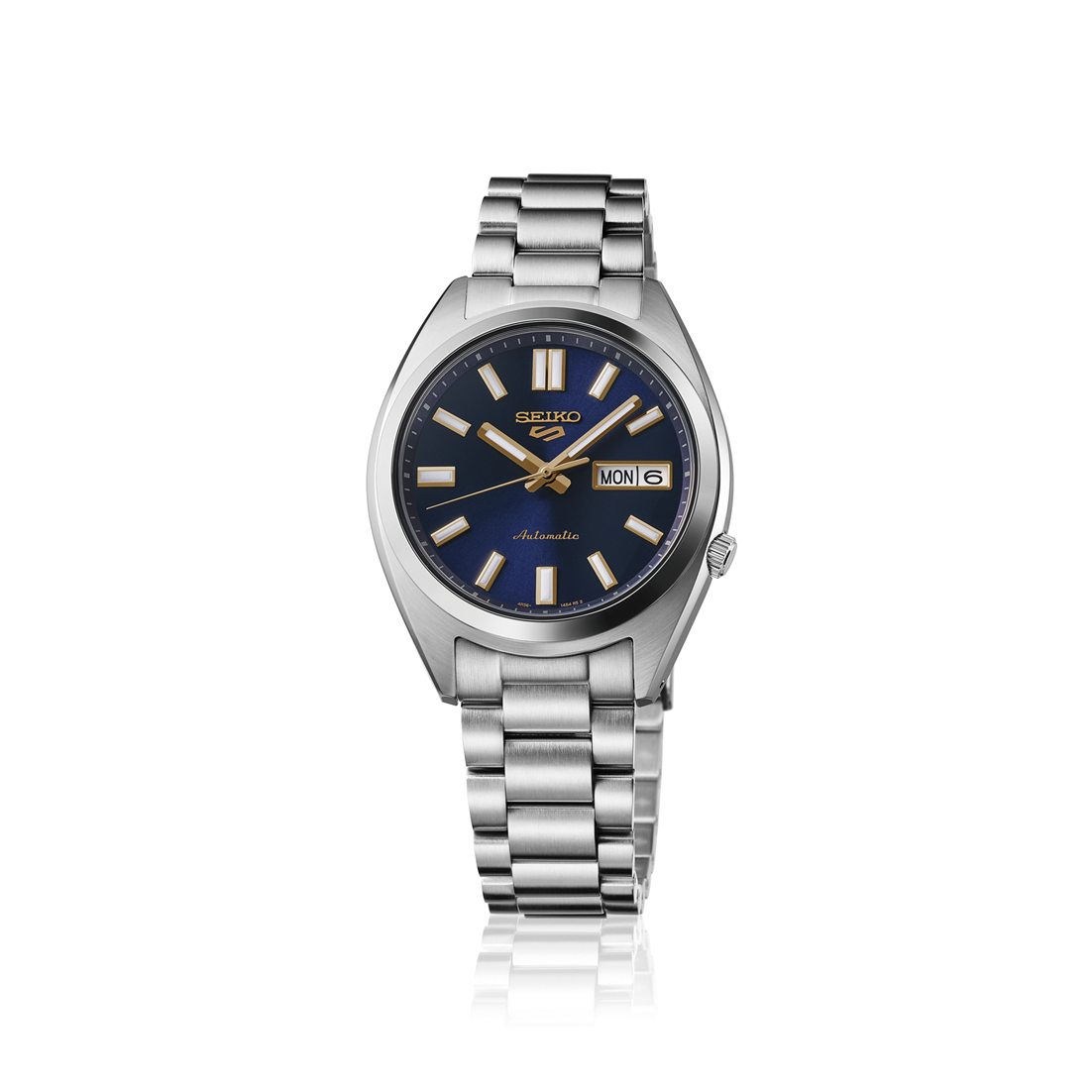 Seiko automatic watch with a blue dial and stainless steel bracelet